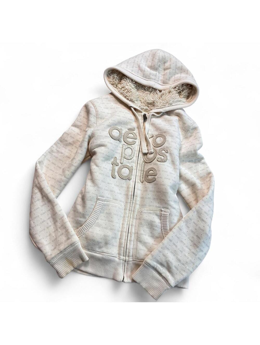 Aeropostale cream zip up hoodie with fur lining, size Medium!